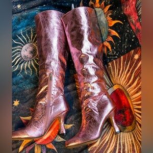 Unbranded metallic purple/pink knee high boots,square toe,curved heel, EU 39